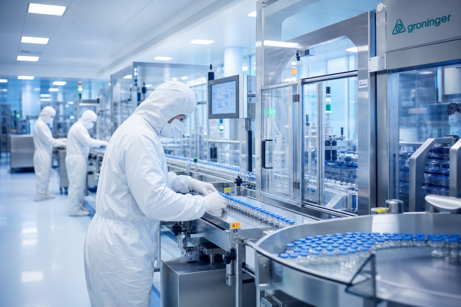 Modern pharmaceutical manufacturing facility with controlled production lines